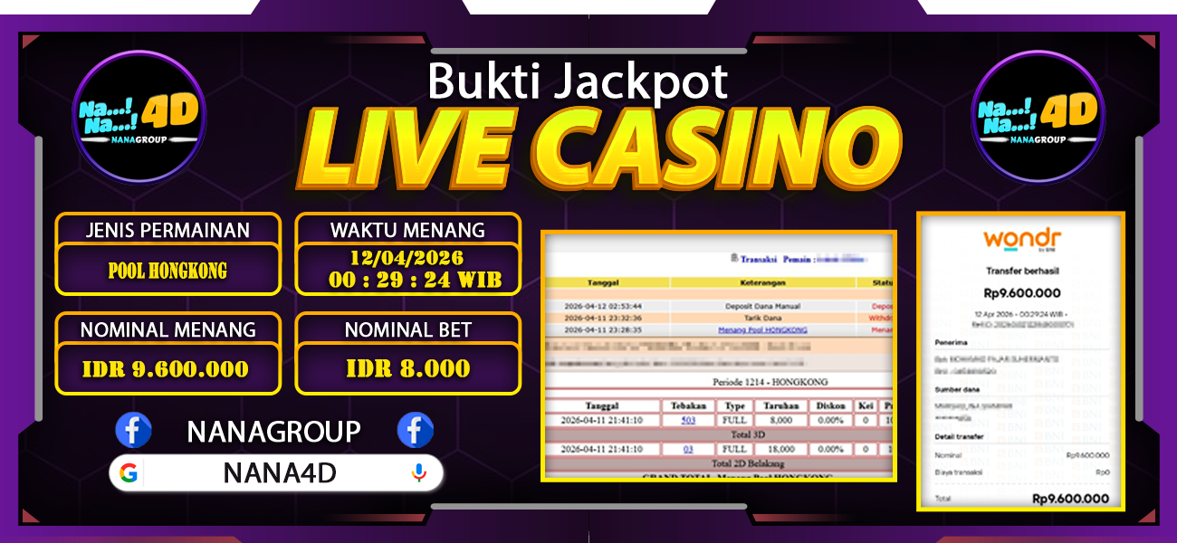 Bukti Kemenangan Besar Dibayar lunas Member NANA4D RP 9.600.000, 12 April 2026